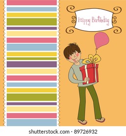 greeting card with boy and big gift box