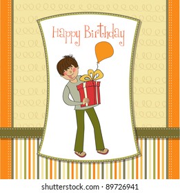 greeting card with boy and big gift box