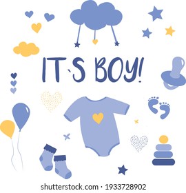 Greeting card its a boy. Children's posters. Baby shower illustrations set. Hand drawn newborn boy items and elements. Invitations, cards, nursery decor. Newborn metric for children bedroom.