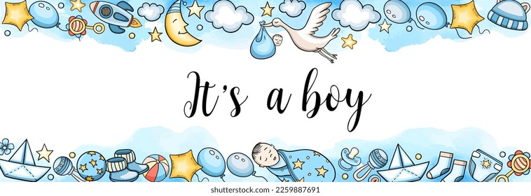 Greeting card It's a boy with cute baby accessory on a blue watercolor background. Baby shower horizontal banner. Vector illustration