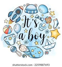 Greeting card It's a boy with cute baby accessory on a blue watercolor background. Baby shower. Vector illustration