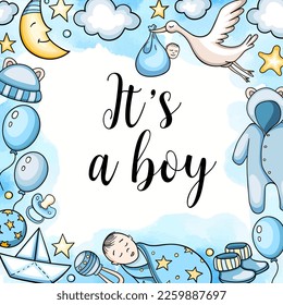 Greeting card It's a boy with cute baby accessory on a blue watercolor background. Baby shower. Vector illustration