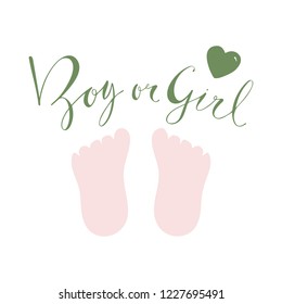 Greeting card  Boy or girl? Objects on a white background. The birth of a child, children's feet.