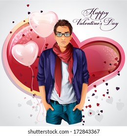 Greeting card with a boy on a background of heart