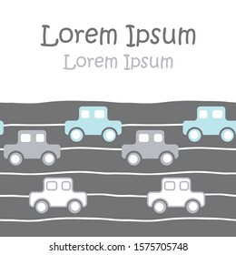 Greeting card for boy, space for text. Vector illustration. Cute toy cars. Space for text