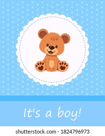 Greeting card It's a boy with teddy bear in frame on blue background. Vector illustration