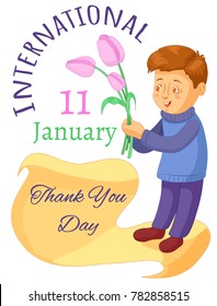 Greeting card Boy and tulip 11 january - international Thank You Day