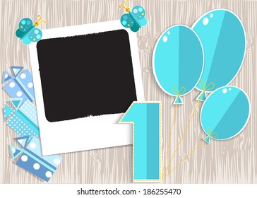 Greeting card for boy in wooden background. Vector EPS10.