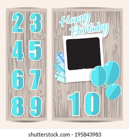 Greeting card for boy in wooden background. Vector EPS10.