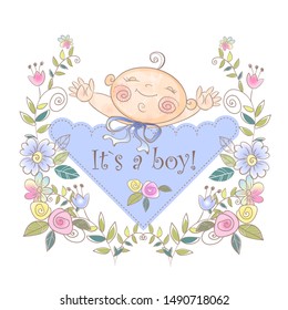 Greeting card of the boy's birth.   Baby shower. Vector.