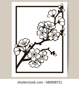 Greeting card with a branch of cherry blossoms. Vector illustration.

