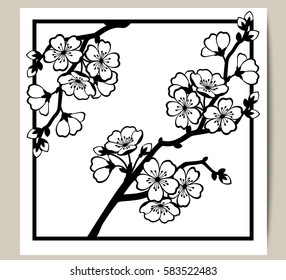 Greeting card with a branch of cherry blossoms. Vector illustration.

