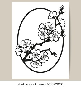Greeting card with a branch of cherry blossoms. Vector illustration.

