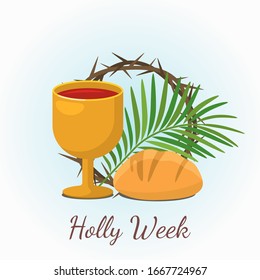 greeting card with bread, a thorny wreath, a palm branch and a bowl for refraction. Good Friday, Holy Week, Easter concept. vector illustration