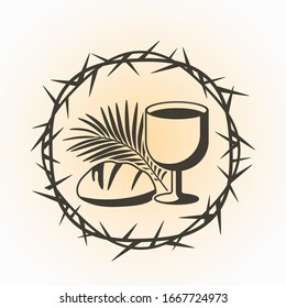 greeting card with bread, a thorny wreath, a palm branch and a bowl for refraction. Good Friday, Holy Week, Easter concept. vector illustration