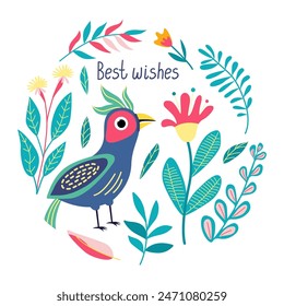 Tarjeta de felicitación con brillante exótico hermoso pájaro y flores ilustración en estilo plano y los mejores deseos dibujado a mano letras