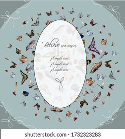 Greeting card, bright frame with bright insects in circle -buterfly, dragonfly, ladybug, bee