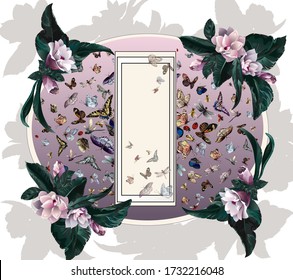 Greeting card, bright frame with pink flowers with branch and leaves and insects in circle -buterfly, dragonfly, ladybug, bee on round background with silhouette of flowers.