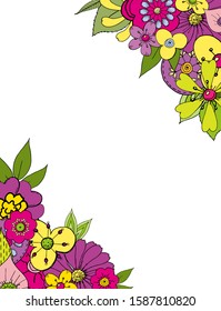 Greeting card with bright funny flowers on white