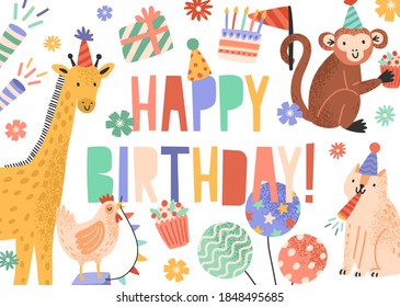 Greeting card with bright Happy Birthday lettering, cute childish animals and holiday decorations. Festive postcard decorated with gifts, balloons, flowers and cake. Flat vector cartoon illustration