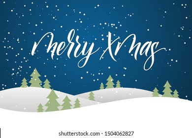 Greeting card with brush calligraphy Merry Xmas on blue background with winter landscape. Vector illustration