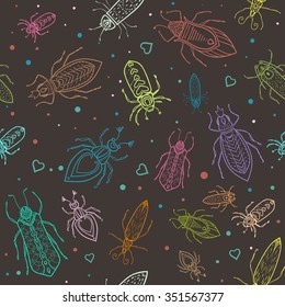Greeting card with bug. Ornament of Insect made in vector. Perfect cards, or for any other kind of design, coloring book pages. Seamless hand drawn map with bug ornament.