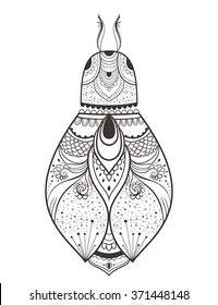 Greeting card with bug. Ornamental of Insect made in vector. Beetle ornamental. Element for design.  Hand drawn map with  bug ornamental.