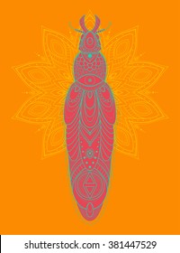 Greeting card with bug. Ornamental of Insect made in vector. Beetle ornamental. Element for design.  Hand drawn map with  bug ornamental. Background orange, pink beetle ornament on circular mandala