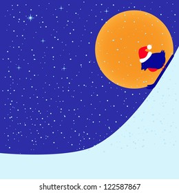 Greeting card with bullfinch in Christmas hat skiing down hill in bright moon evening under snowfall and space for your own text