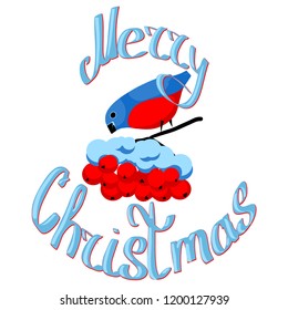 Greeting card with bullfinch, rowan and snow and text "Merry Christmas"