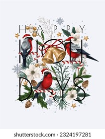 Greeting card with bullfinches, bells and white flowers. Vector