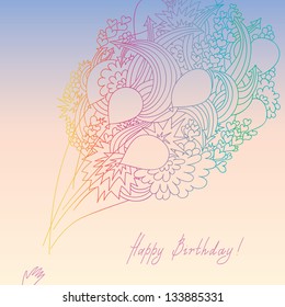 Greeting card with a bundle of balloons, decorated with hearts and arrows