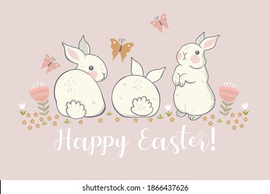 Greeting card with bunnies and flowers and the inscription Happy Easter. Vector graphics.