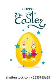 Greeting card with bunnies. Happy Easter. Cute and funny rabbits with a basket of eggs on a big egg and handwritten text. Vector illustration on white background.