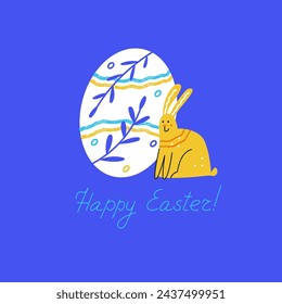 Tarjeta de felicitación con conejito y huevo de Pascua. Conejo de Pascua con letras Feliz Pascua sobre fondo azul. Ilustración de vector