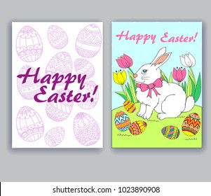 Greeting card. Bunny in flowers with Easter eggs. Different Easter eggs and the inscription Happy Easter!