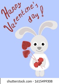 Greeting card with a Bunny and hearts. Inscription happy Valentine's day. Grey and red figures on a blue background. Vector illustration.