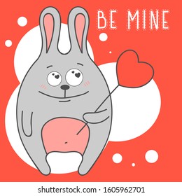 Greeting card with a bunny in love. Valentine's Day. Be mine. Vector illustration.