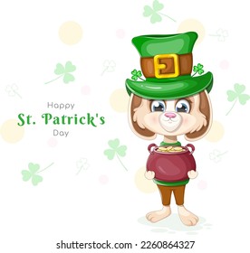 Greeting card with a bunny and a pot of gold for St. Patrick's Day