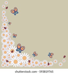 Greeting card with a butterflies and daisies beetles