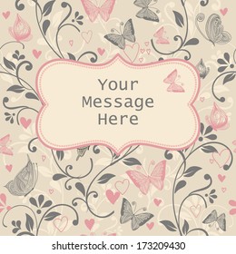 Greeting Card with butterflies and hearts in retro style for weddings and other occasions 