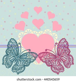 Greeting card with butterflies. Romantic composition with two lace butterflies and pink hearts on blue background. Use: greeting card, poster, love background, design elements, decoupage, poster