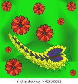 greeting card with butterfly, caterpillar and flowers on green summer grass