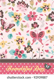 Greeting Card with butterfly and floral on pink background with dot pattern