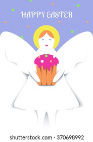 A greeting card by Easter holiday in style of children's application. A white angel with an easter cake on a blue background. 