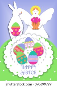 A greeting card by Easter holiday in style of children's application. A white angel with an easter cake and an easter rabbit with painted egg on a blue background. Colored  eggs on a white napkin.