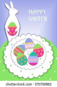 A greeting card by Easter holiday in style of children's application. A white angel with an easter cake on a blue background. 