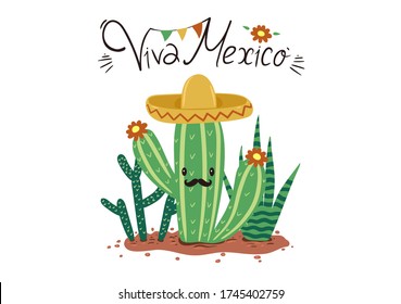 Greeting card with cacti and viva mexico inscription. Vector graphics