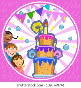 Greeting card. Cake by a birthday. Joyful children. Guests smile. Pink background. Vector illustration. 