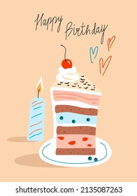 Greeting card with cake, candle and lettering Happy birthday. Tasty dessert. Vector illustration in trendy flat style. Single isolated decor elements. Vector EPS clip art design.